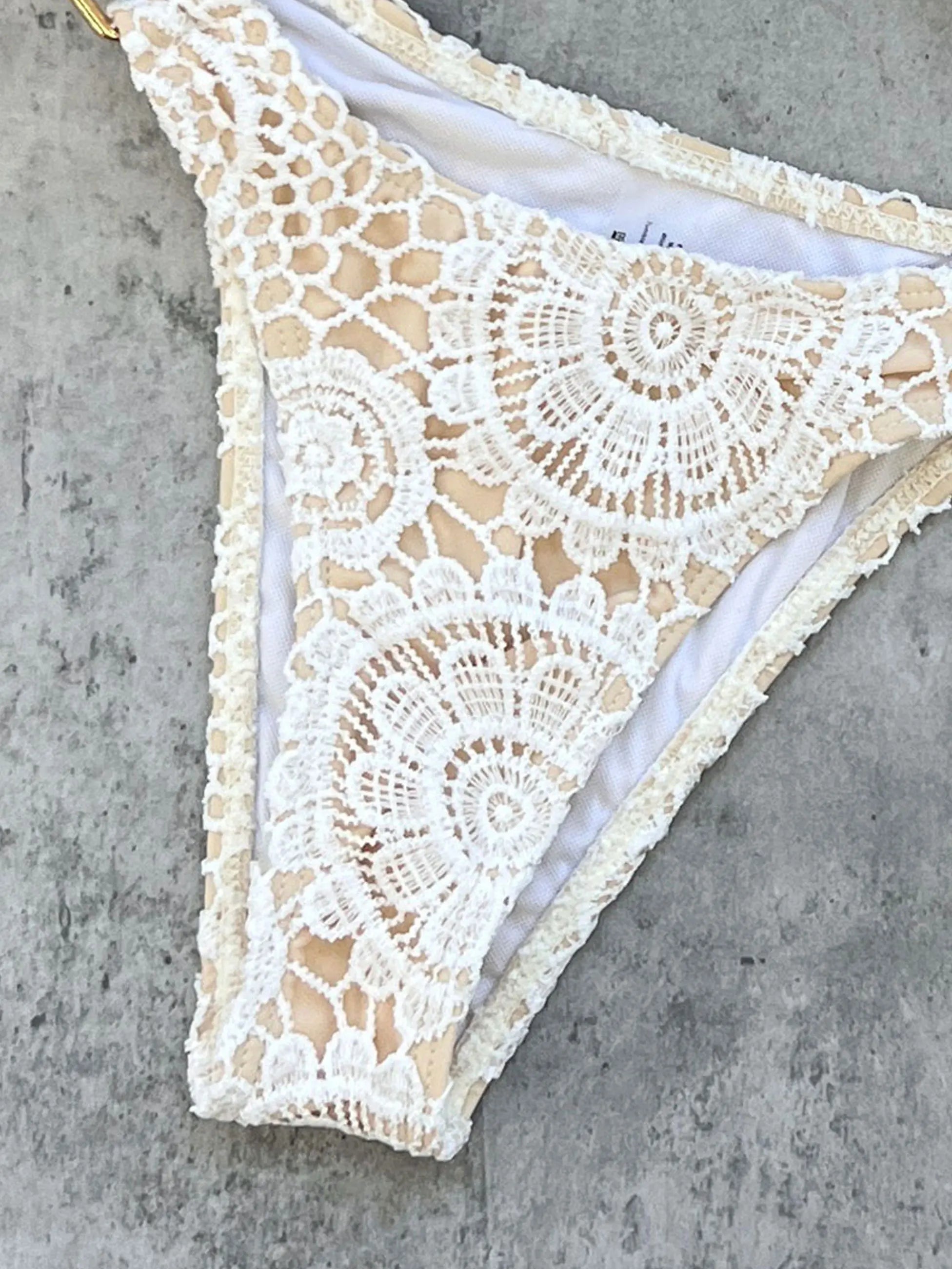 2025 Boho Crochet Bikini Set Cream Knit with Leather Straps Metal Buckles Perfect for Beach Wear Pool Parties Summer Getaways