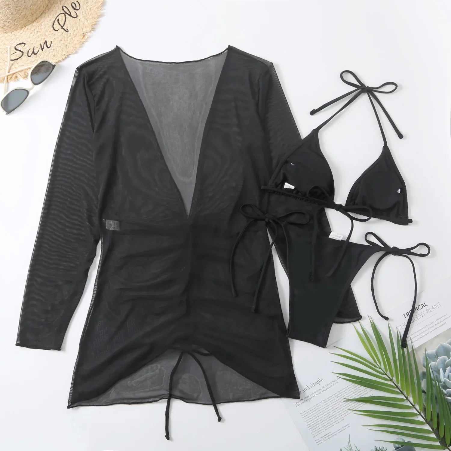 DEKA Sold Triangle Bikini Set Blouse Swimsuit Women Printed Halter Swimwear Cover Up Beach Wear 3 Pieces Sheer Bathing Suit