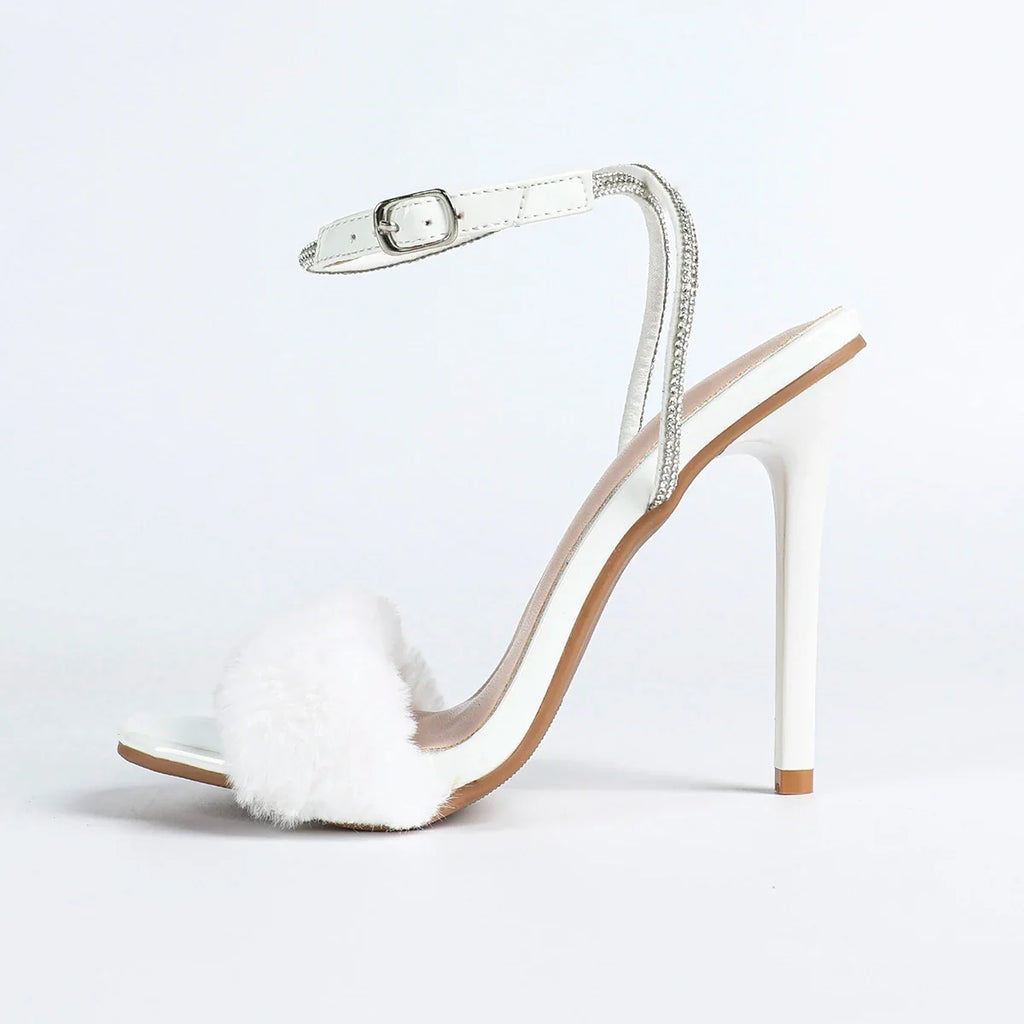White Fluffy Open-toe High-heeled Sandals, Comfortable Square-toe Rhinestone-laced Stiletto Heels for Women