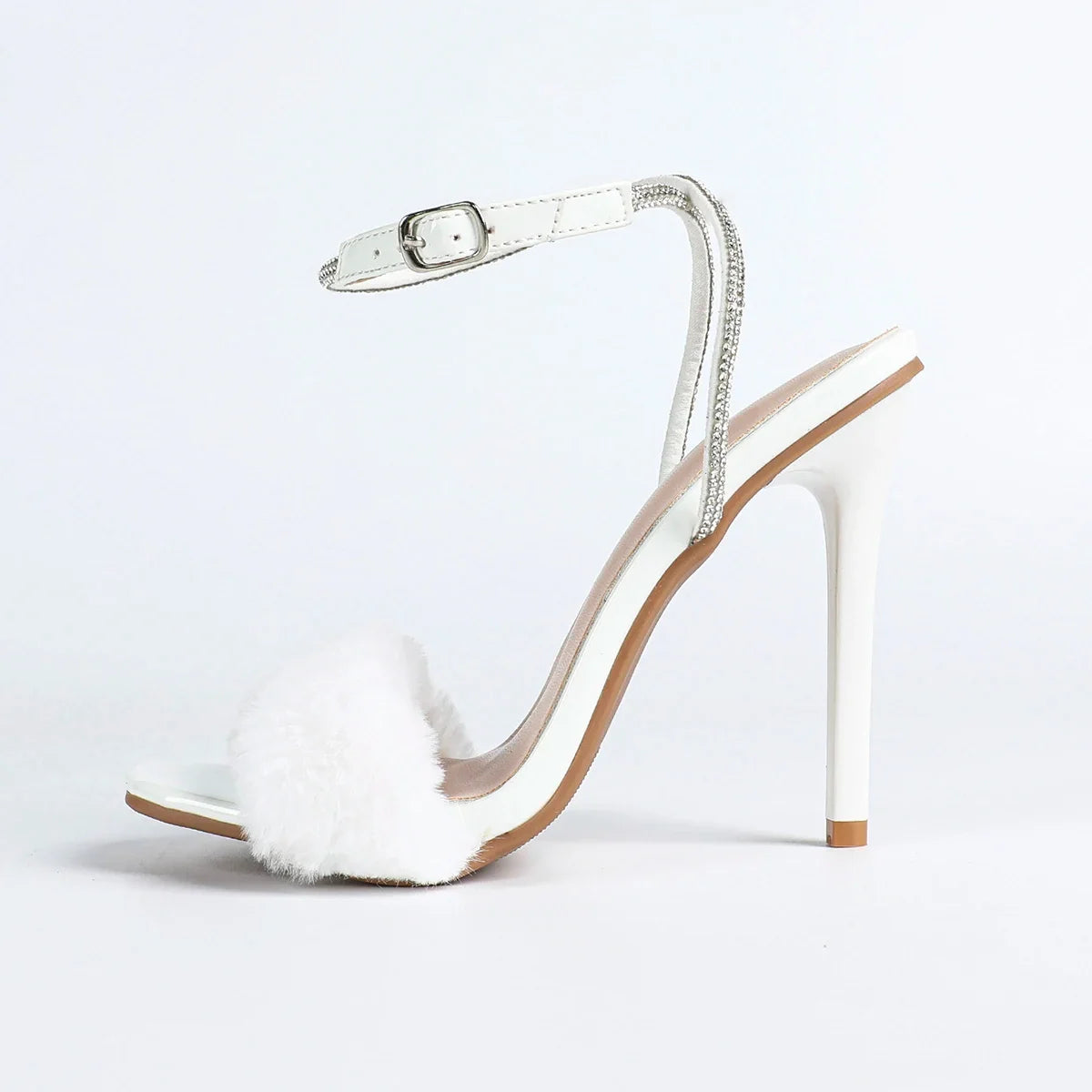 White Fluffy Open-toe High-heeled Sandals, Comfortable Square-toe Rhinestone-laced Stiletto Heels for Women