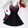 Black and red rose embroidered lace nightgown, sophisticated style deep V netted sheer strapless nightgown thong set ZA825133
