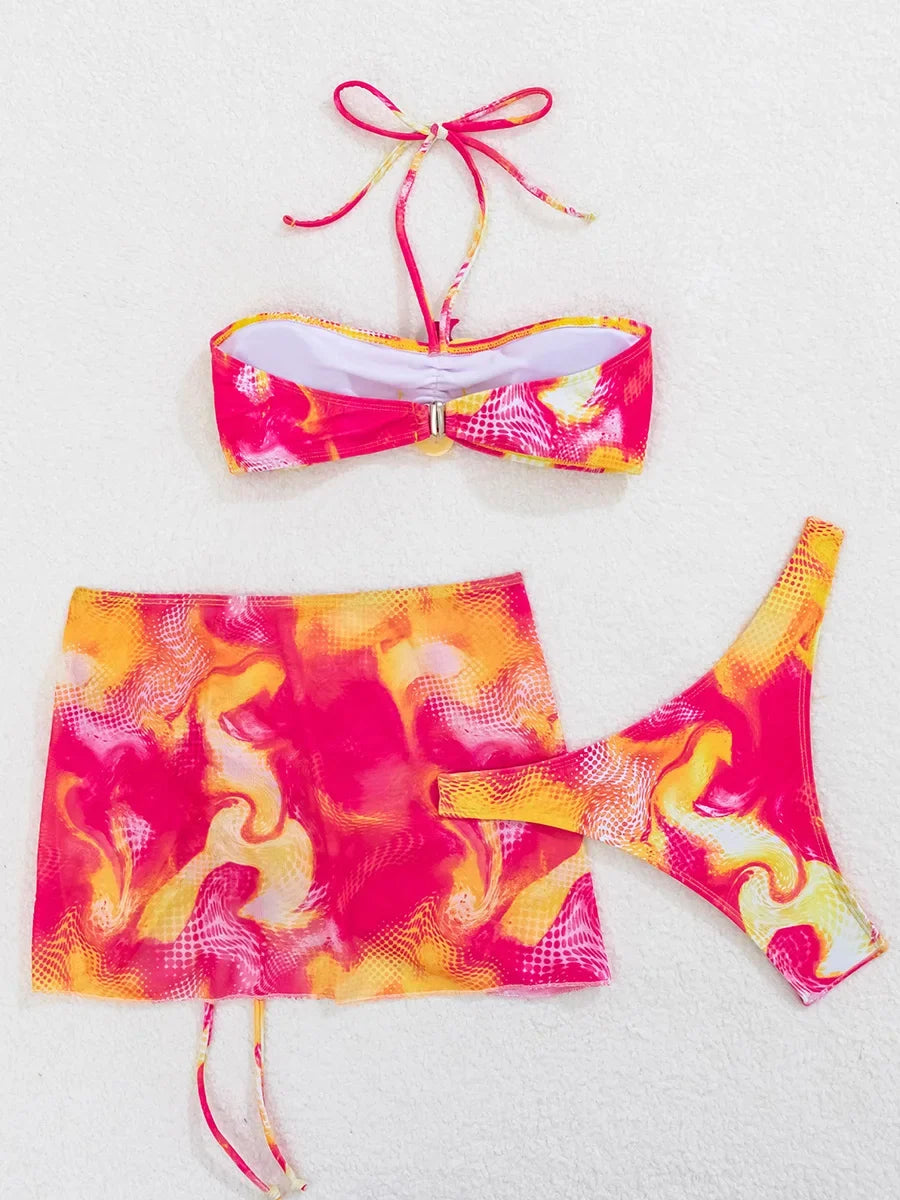 with Mesh Skirt 3D Flowers Halter Bandeau Bikini Female Swimsuit Women Swimwear Three-pieces Bikini Set Bathing Suit Beachwear