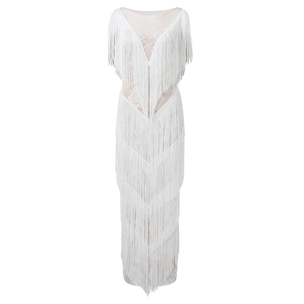 Womens Deep V Midi Fringed Dresses Sleeveless Pencil Party Solid Elegant Sexy Skirt Long Dresses Evening Party Mujer
