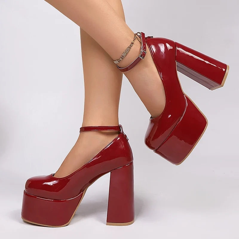 Fashion Chunky Heel Mary Jane Shoes Women Ankle Strap Thick Platform Pumps Woman Plus Size Super High Heels Party Wedding Shoes