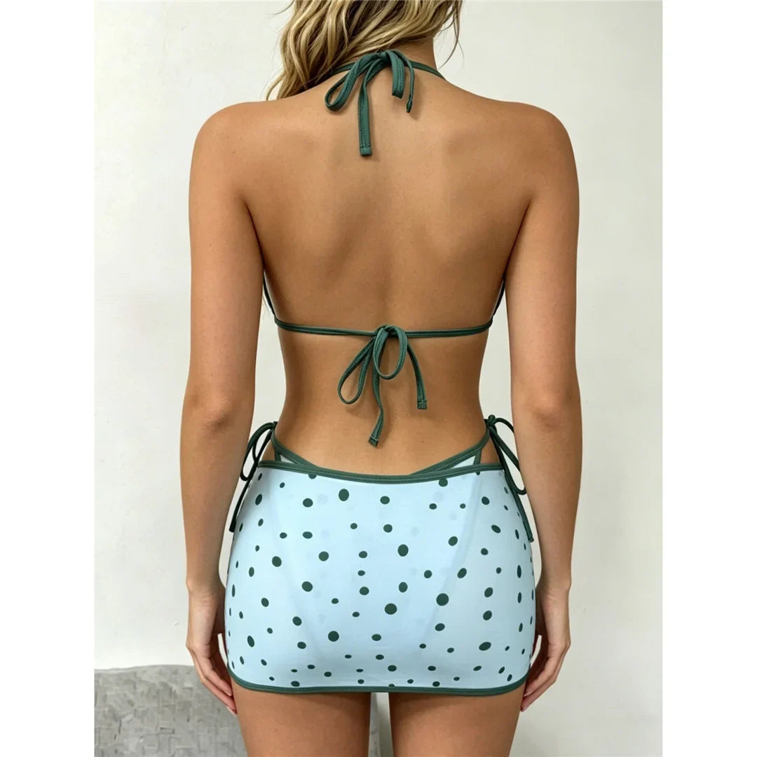 With Skirt Polka Dot Halter Bikini Female Swimsuit Women Swimwear Three-Pieces Bikini Set Strappy Bather Bathing Suit Swim V8380