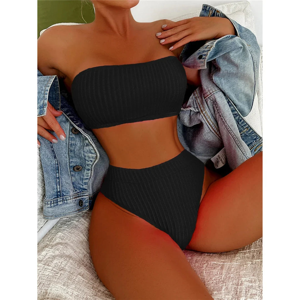 S - XL Bandeau Wrinkled Female Swimsuit High Waist Bikini Women Swimwear Two-Pieces Bikini Set Bather Bathing Suit Swim V5904
