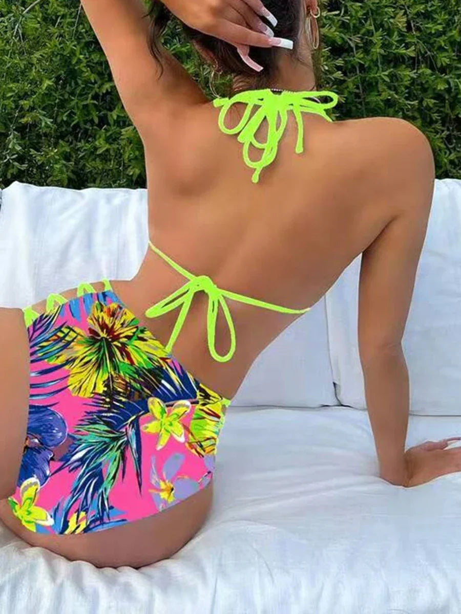 Halter String Floral Bikini 2026 High Waist Swimsuit Women Padded Swimwear Female Bathers Bathing Swimming Swim Suit Beachwear