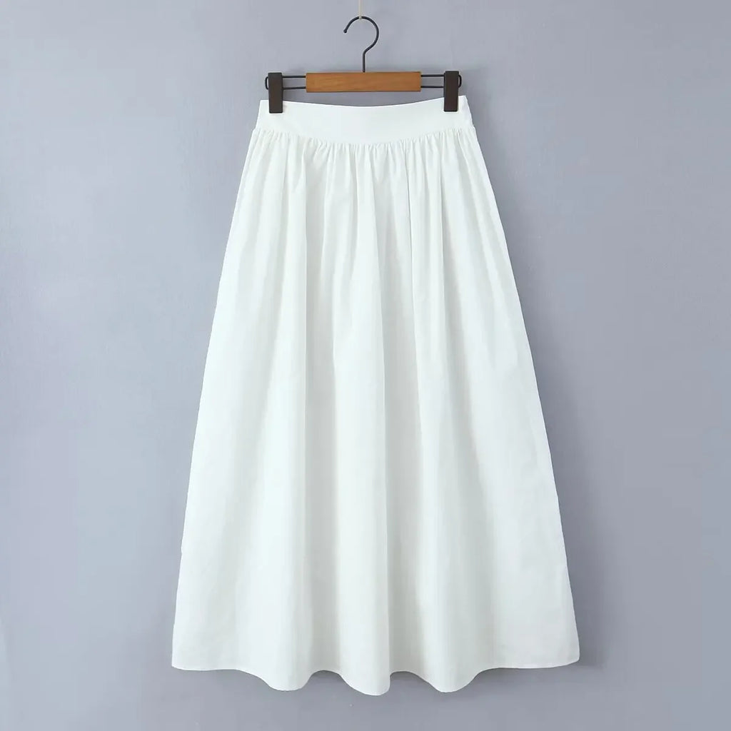 Summer Women White Cotton Dress Set 2025 Top+skirt 2 Pcs Outfit Ruffles Button Slim Top A-line Maxi Skirt Beach Casual Dress