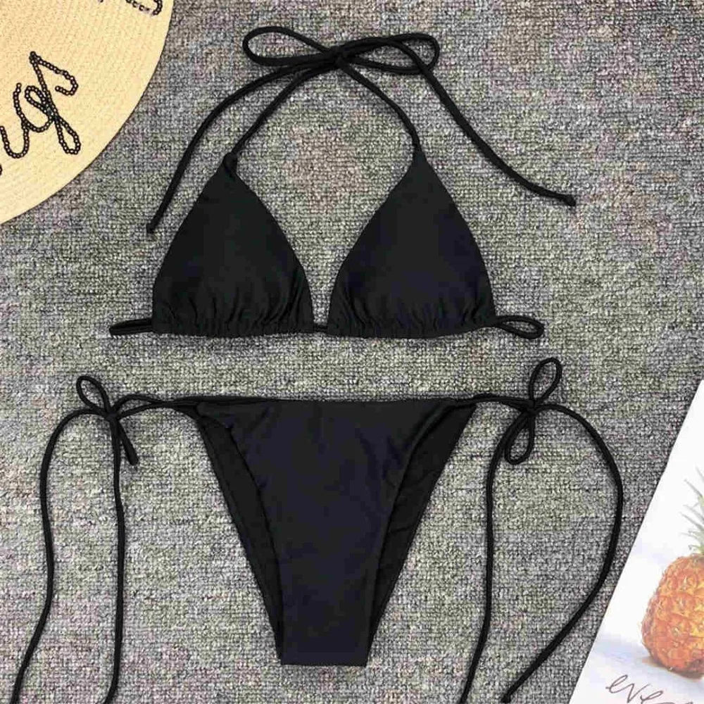 New Sexy Neon Pink Brazilian Bikini Women Swimwear Halter Swimsuit Female Two-Pieces Bikini Set Bather Bathing Suit Swim V1312