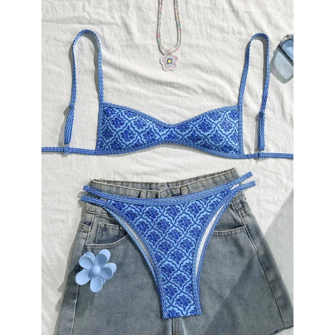 S - XL Flowers Printed High Leg Cut Bikini Female Swimsuit Women Swimwear Two-pieces Bikini set Bather Bathing Suit Swim V6965
