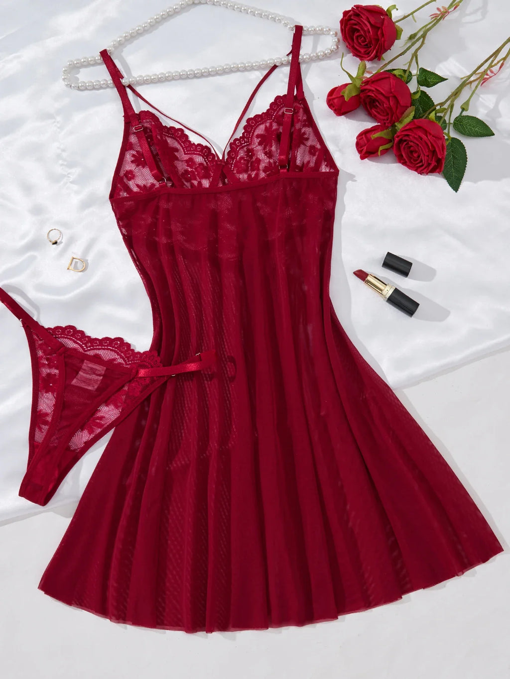 Lady's Wine-Red Rural-Style Wheat-Styled Embroidered Semi-Transparent Nightgown, Elegant and Comfortable, with Floral ZA825096