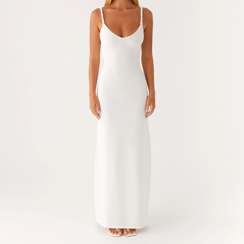 Women Sleeveless Summer Solid Color Twisted Straps Dresses V-Neck Backless Party Club Vacation Beach Long Dresses