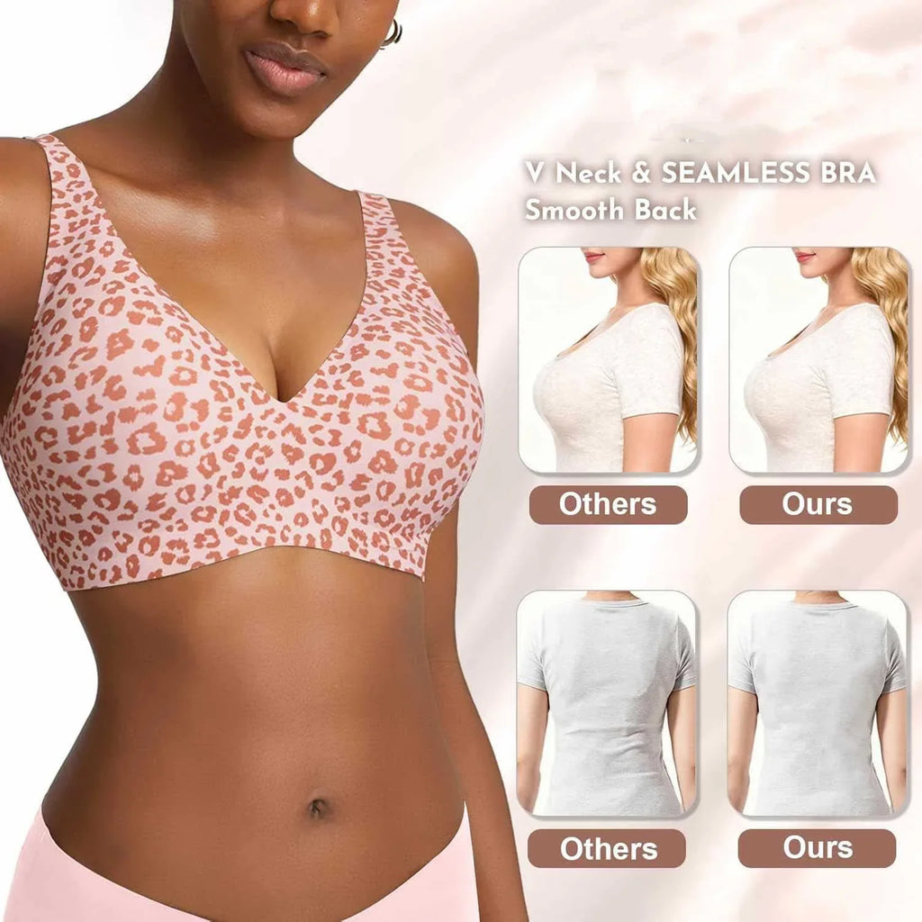 Women's Seamless Pink Leopard Print Bra Wire-Free Bra Full Cup Soft Thin Mold Support Breathable and Beauty Deep V Plus Up Bra