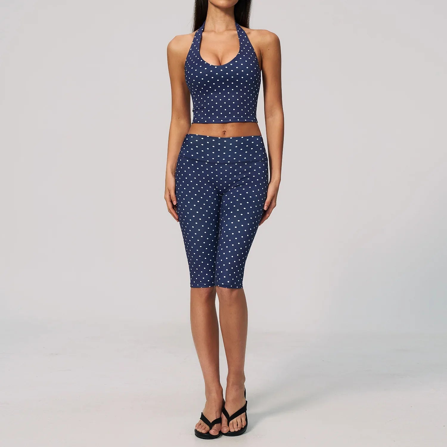 New Summer Women White Polka Dot Print Yoga Sets Hanging Neck Slim Sport Vest High Waist Mid Pants Gym Two-piece Workout Clothes