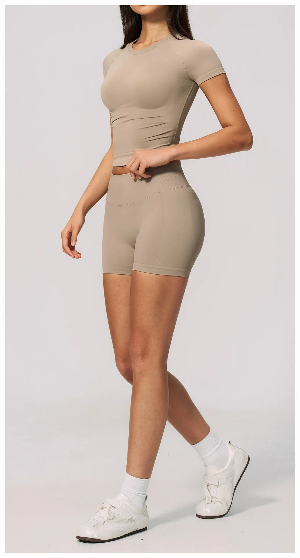 Seamless Yoga Sets Women Short Sleeve O Neck Slim Sports T Shirts Gym Outfits Abdominal Compression Shorts Running Fitness Suit