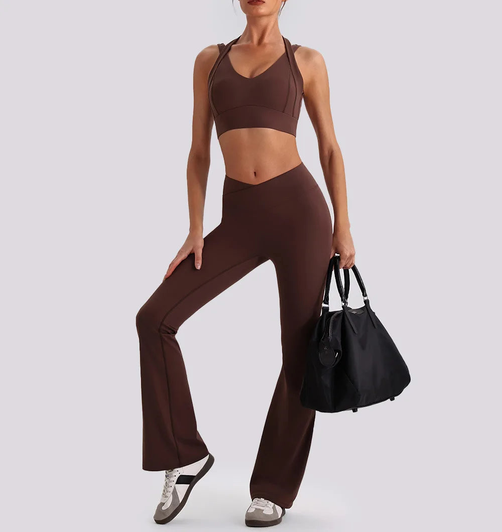 Women's Yoga Exercise Sets Women Backless Sports Tank Top V Shape High Waist Wide Leg Pants Fitness Gym Running Workout Clothes