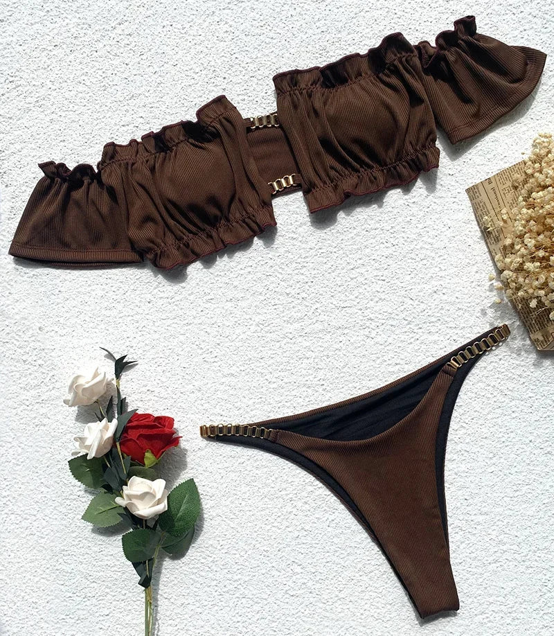 Sexy Ruffled Frill Off Shoulder Bikini Women Swimwear Female Swimsuit Two-pieces Bikini Set Ribbed Bathing Suit Swim Beach Wear