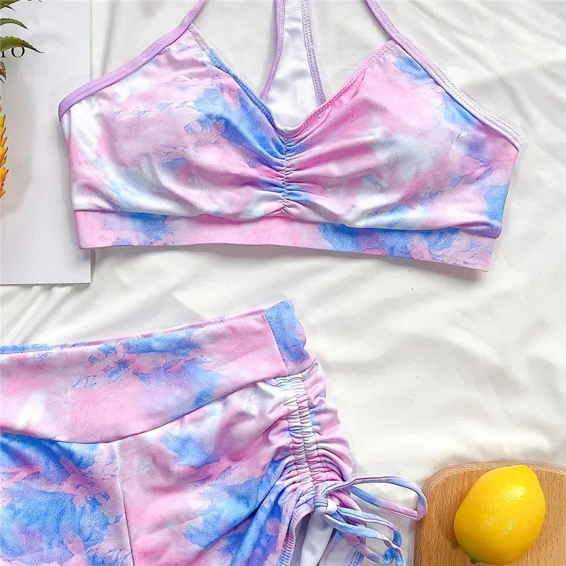 Tie Dye Lace Up Shorts Female Swimsuit High Waist Bikini Women Swimwear Two-pieces Bikini Set Yoga Bather Bathing Suit Swim Lady