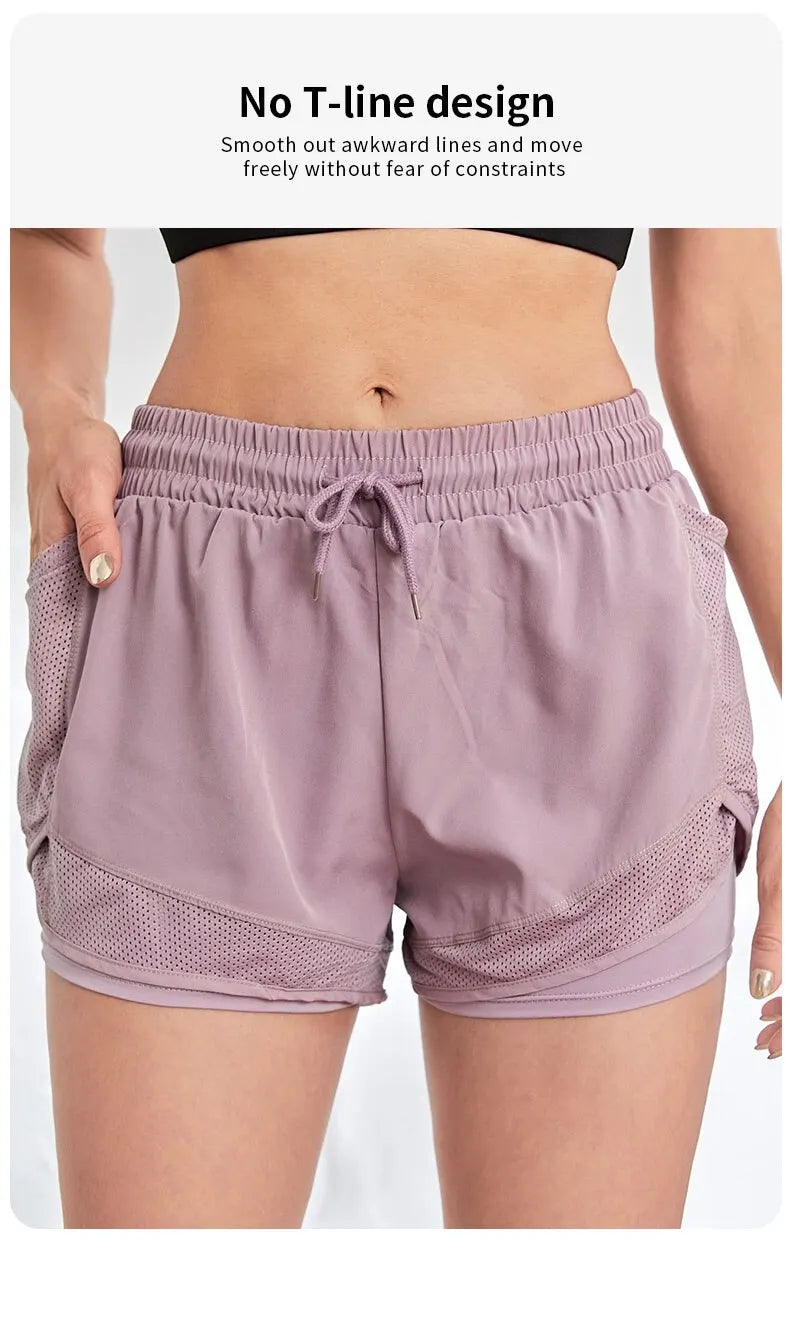 Women's Elastic Sports Shorts, Shorts With Pockets, Fake Two-Piece Yoga Leggings Running And Training