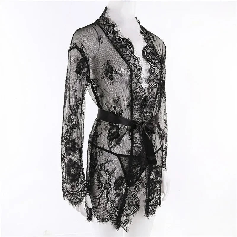 See Through Lace Babydoll Women Sexy Lingerie Erotic Transparent V-Neck Nightwear Robe G-string Robe Sleepwear Dress