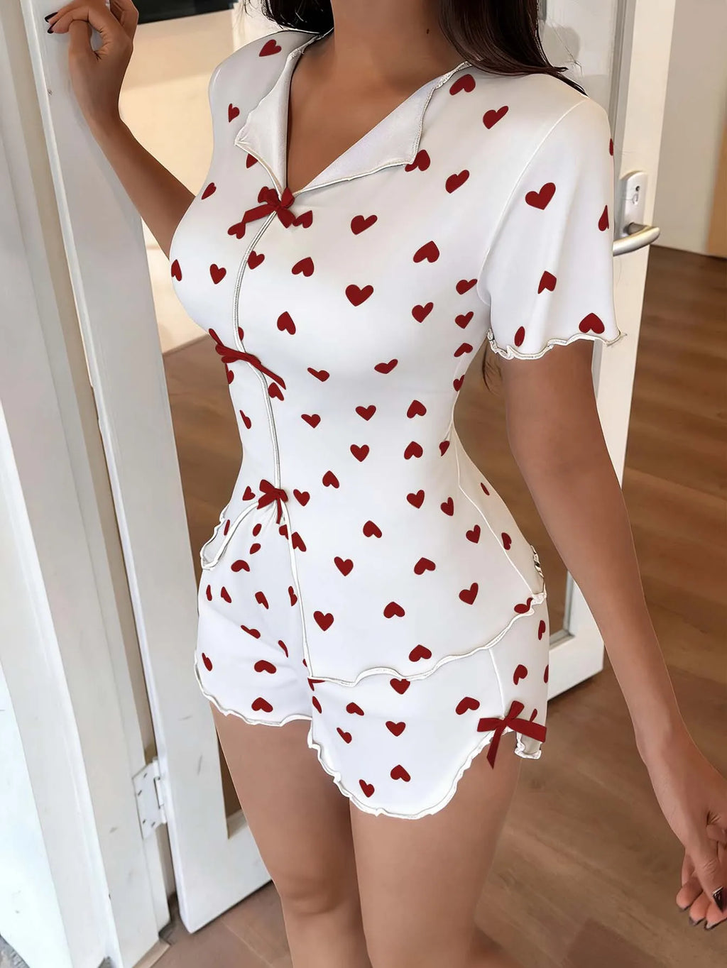 Women's Sleepwear Pajama Set Top and Shorts 2-piece Pajama Set Love Printed Lapel Bow Women's Loungewear