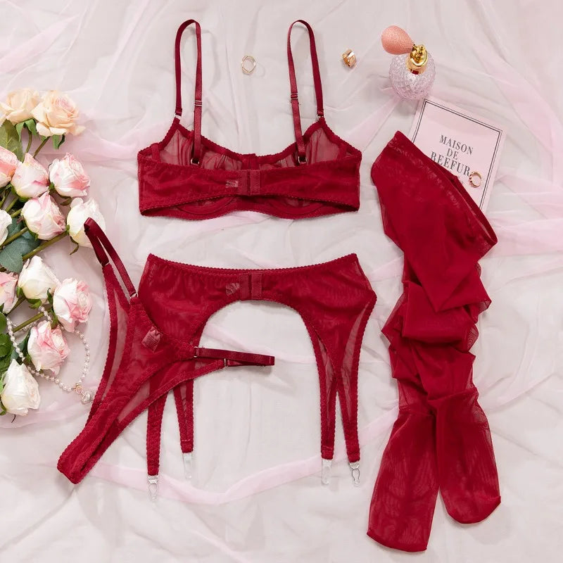 Toucheart Erotic Lingerie Comfortable Mesh Sexy Body Shaping Ultra-thin See-through Sexy Underwear Four-piece Set with Stockings