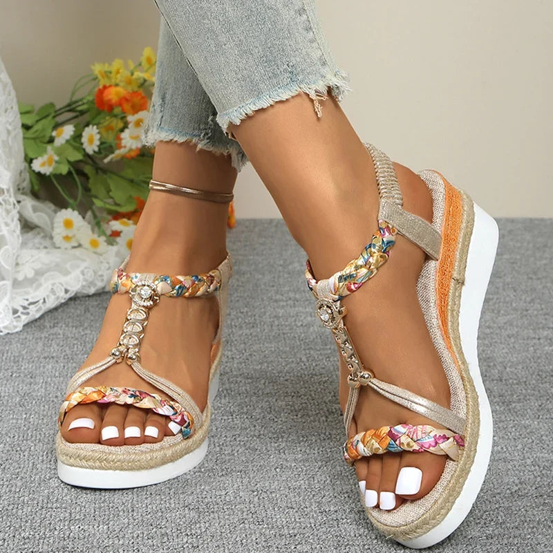 Fashion T-Strap Platform Sandals for Women New Mix Color Elastic Band Wedge Sandals Woman Summer Daily Open Toe Sandalias Female