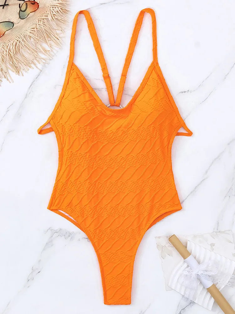 Wrinkled Criss Cross Backless Female Swimsuits One Piece Swimsuit Women Thong Swimwear High Cut Monokini Bathing Suit Swim Lady