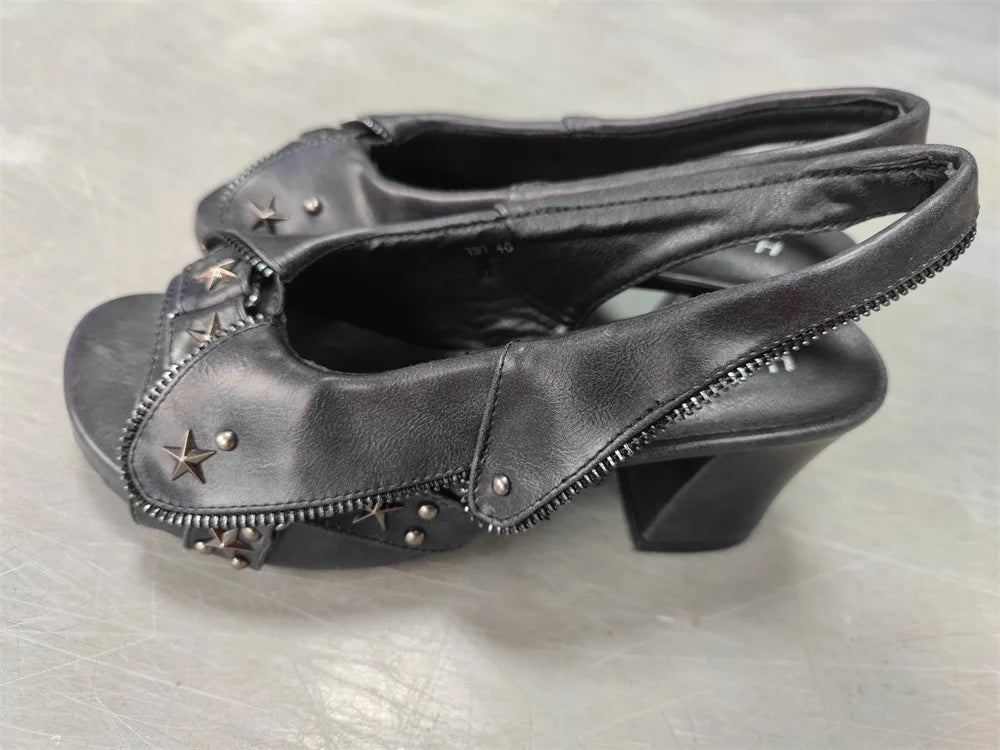 Brand New Women's Y2K Star Rivet Platform Sandals 2000's Peep Toe Slingback Chunky Heel Distressed Denim High Heeled Shoes