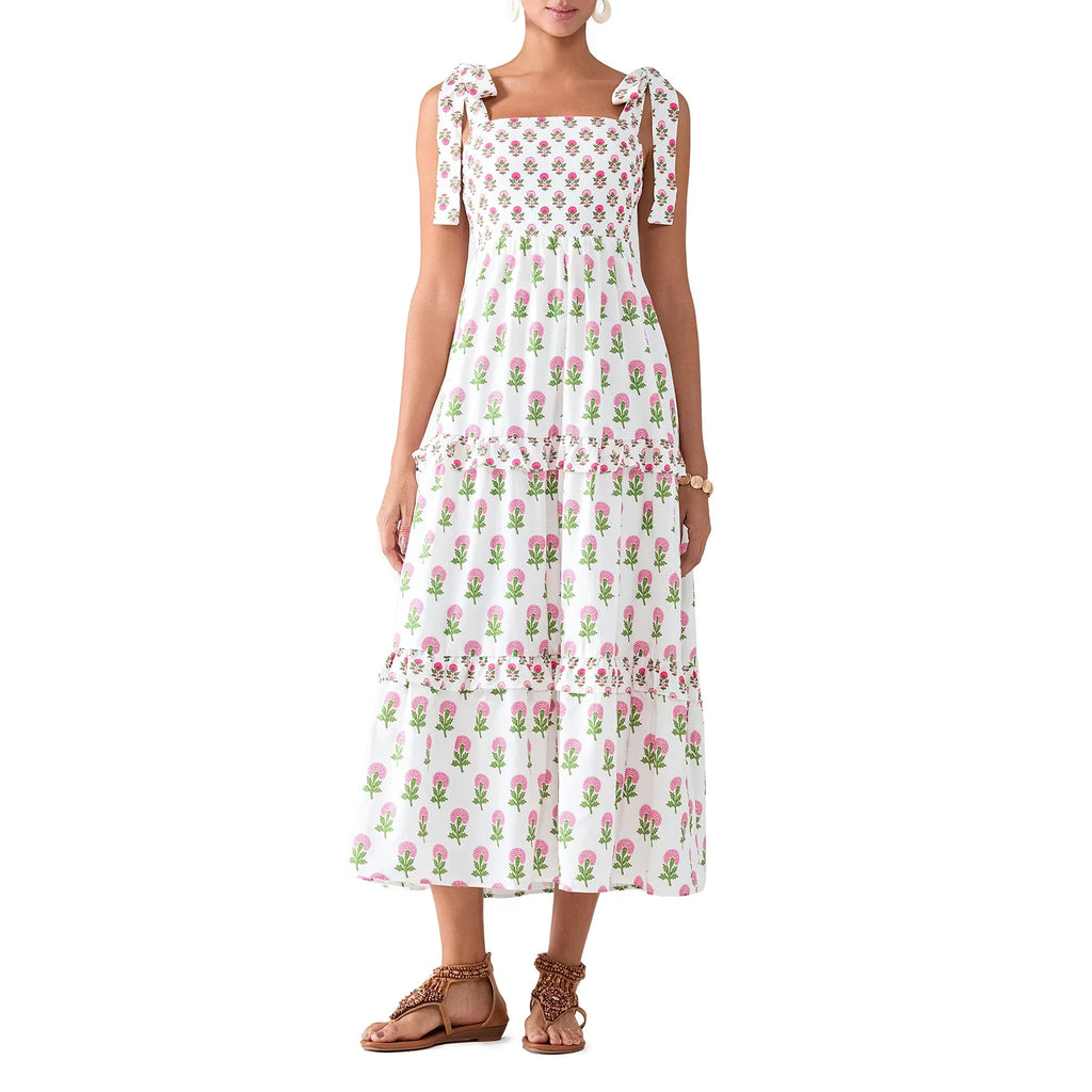 Flower Print Tie Strap Swing Dress Women A-Line Square Neck Tiered Ruffled Summer Bohemian Beach Long Tank Dress