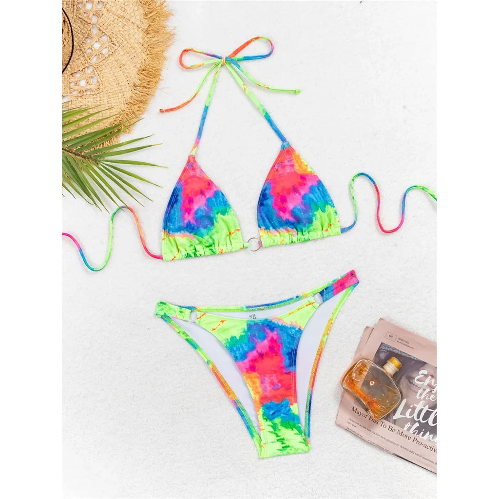 Sexy Printed Tie Dye Halter Brazilian Bikini Women Swimwear Female Swimsuit Two-pieces Bikini set Bather Bathing Suit Swim V6313