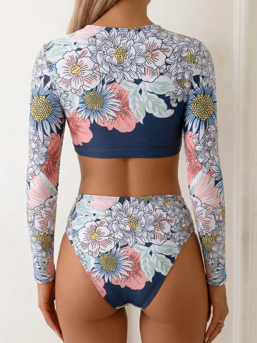 Vintage Black Floral Print Bikini Set 2026 Women Long Sleeve O Neck Top High Waist Swimsuit Beach Holiday Bathing Suit Swimwear