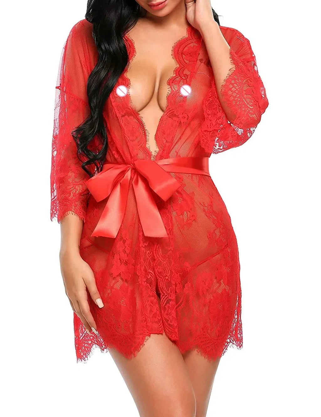 Women Sexy Lingerie Babydoll Erotic Transparent V-Neck Nightdress Robe G-string Costume Lace Sleepwear Dress