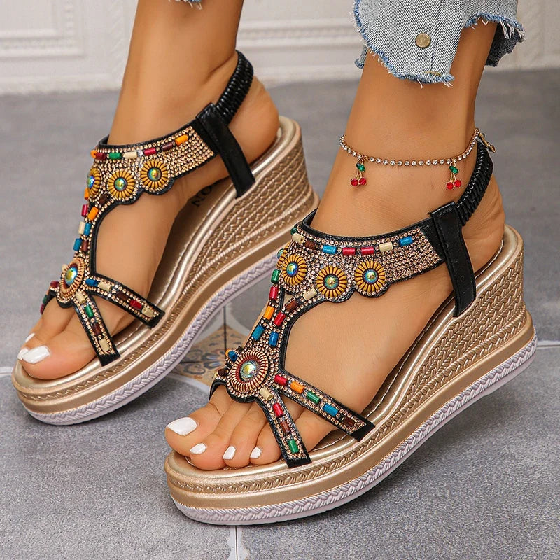 National Wind Beaded Wedge Heels Sandals Women Chunky Platform Slip On Gladiator Sandals Woman Plus Size 43 High Heel Sandalias