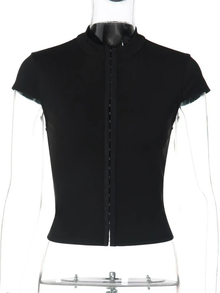 FDYOUI Y2K Streetwear Covered Buttons Black T-shirts for Women Sexy Fashion Short Sleeve Corset Ladies Slim Crop Tops Tee Shirt