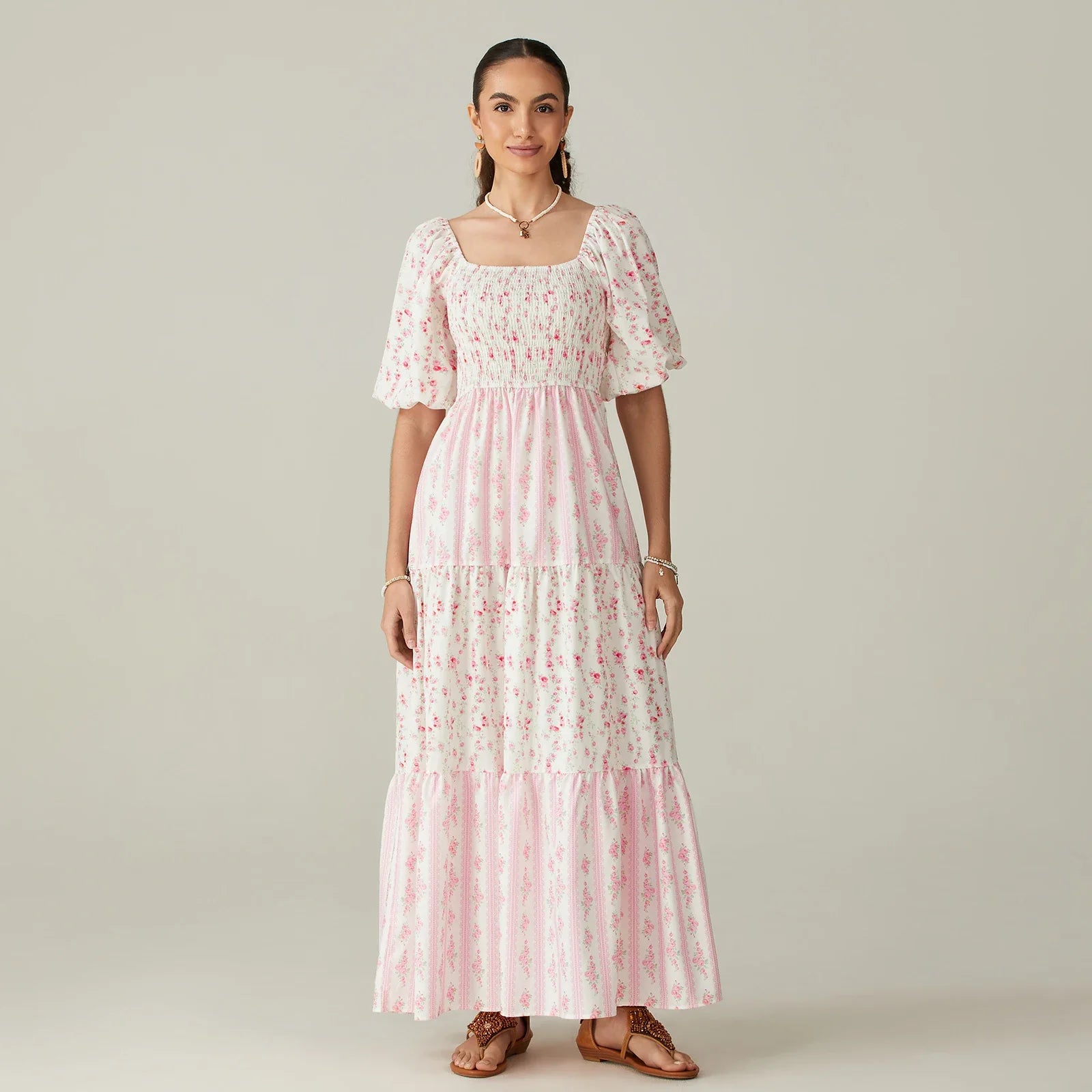 Women Summer Long Dress Floral Print Square Neck Short Sleeve Fashion Casual Bohemian Holiday Beach Dresses