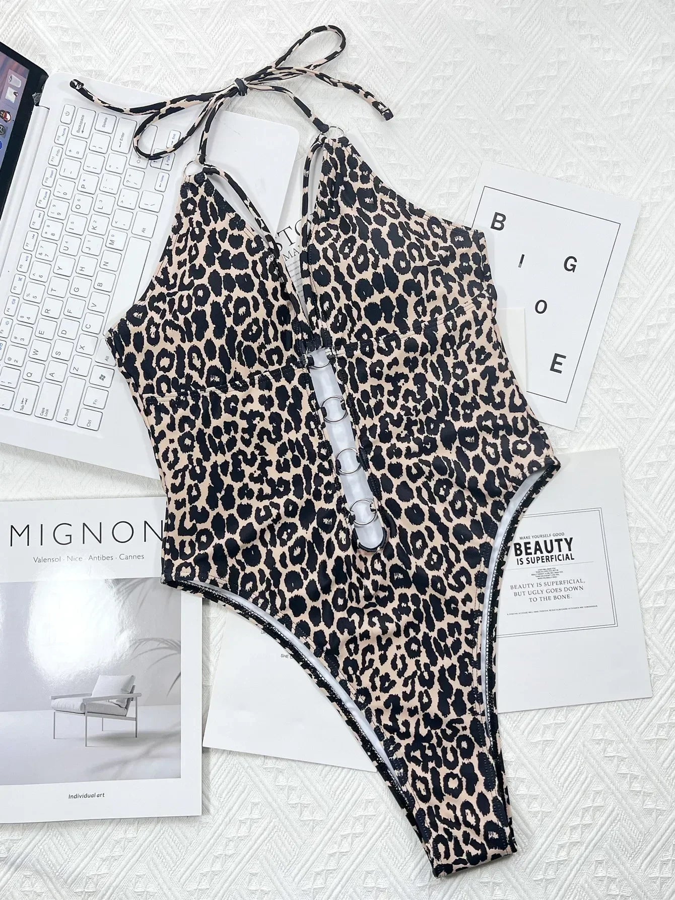2026 New Sexy One Piece Swimsuit Swimwear Women Leopard Hollow Halter One-piece Bathing Suit Beachwear Metal Ring Decor Bikinis