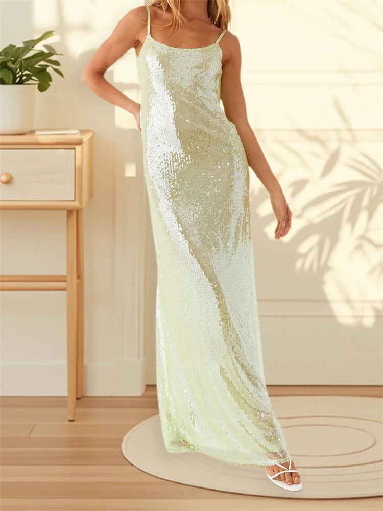 Women Shiny Sequins Dress Summer Draped Backless Spaghetti Strap Party Dress for Vacation Cocktail Beach Streetwear