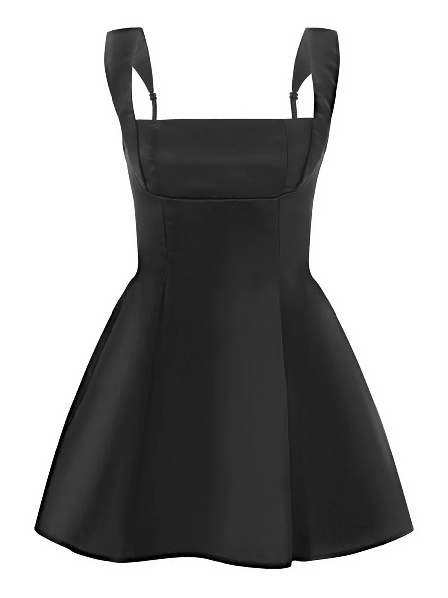 Summer Women Bow Backless Elegant Dress Solid Color Sleeveless Square Neck A-line Dress Evening Party Daily Dresses