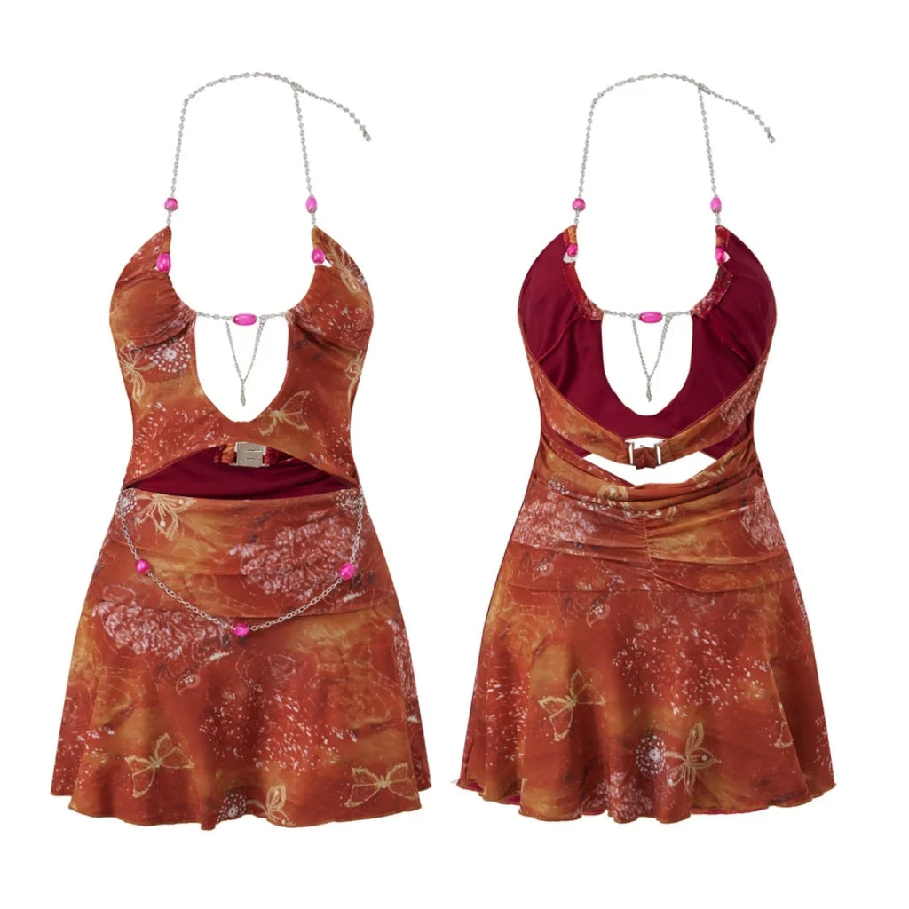 Women Printed Ruffle Mini Dress Boho Beaded Chain Halter Cut Out Open Back A-line Dress for Beach Party Club Travel