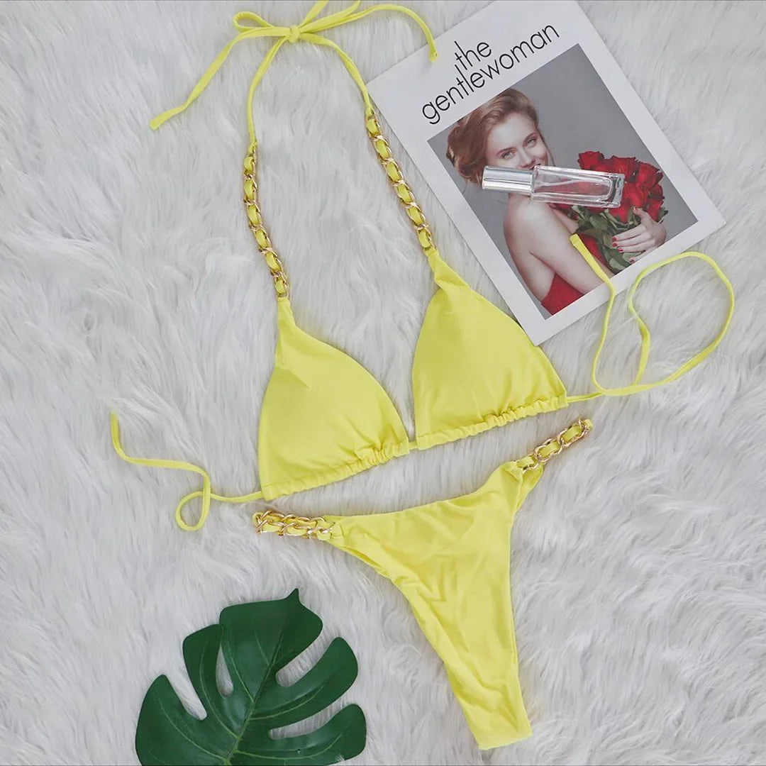 Metal Ring Halter Scrunch Butt Thong Bikini Women Swimwear Female Swimsuit Two-Pieces Bikini Set Bather Bathing Suit Swim V4391