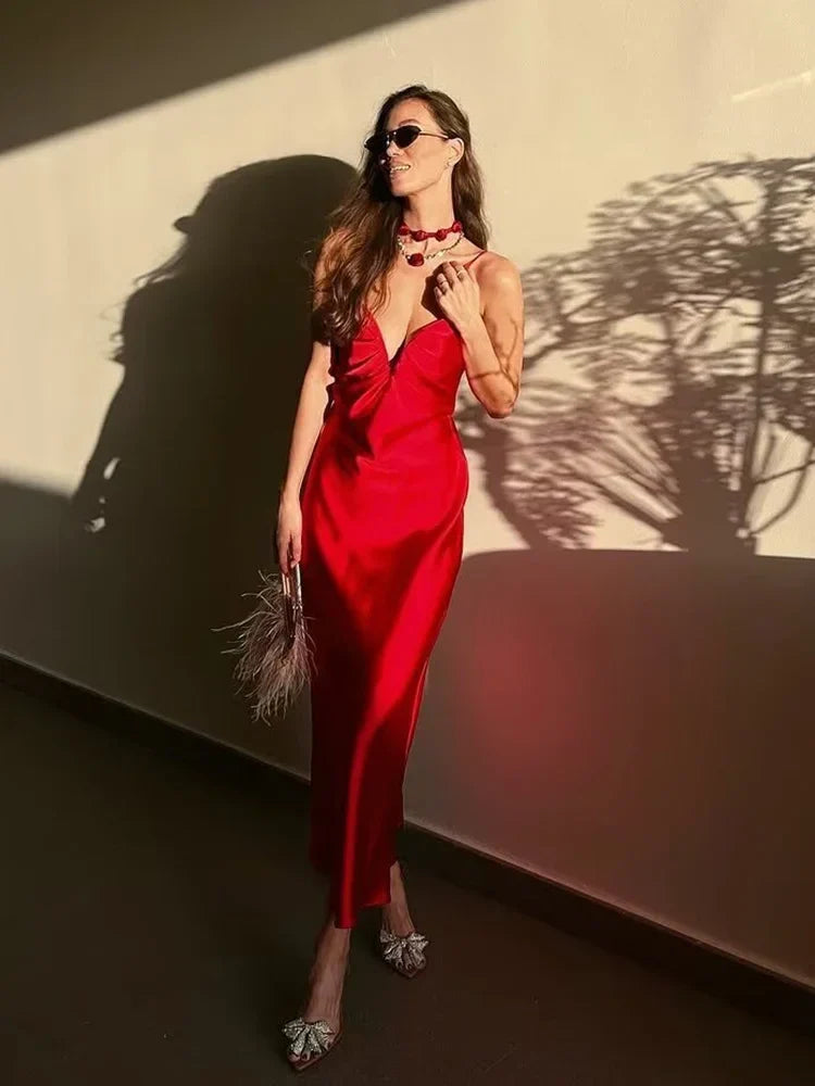 Sweetheart Neck Red Satin Long Dress for Women Spaghetti Strap Straight Elegant Party Vestidos Zip Beach New in Summer Dress