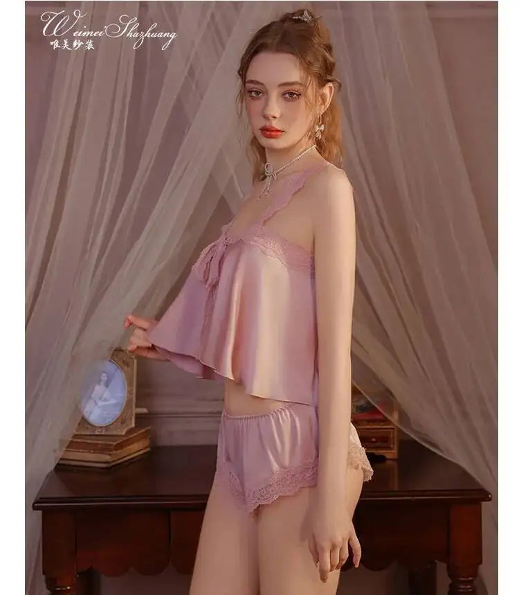 Pure Desire Home Wear Set New Sweet Style Camisole Shorts Pajamas Thin Sexy Ice Silk Home Wear Two-Piece Casual Style Sets N5GK