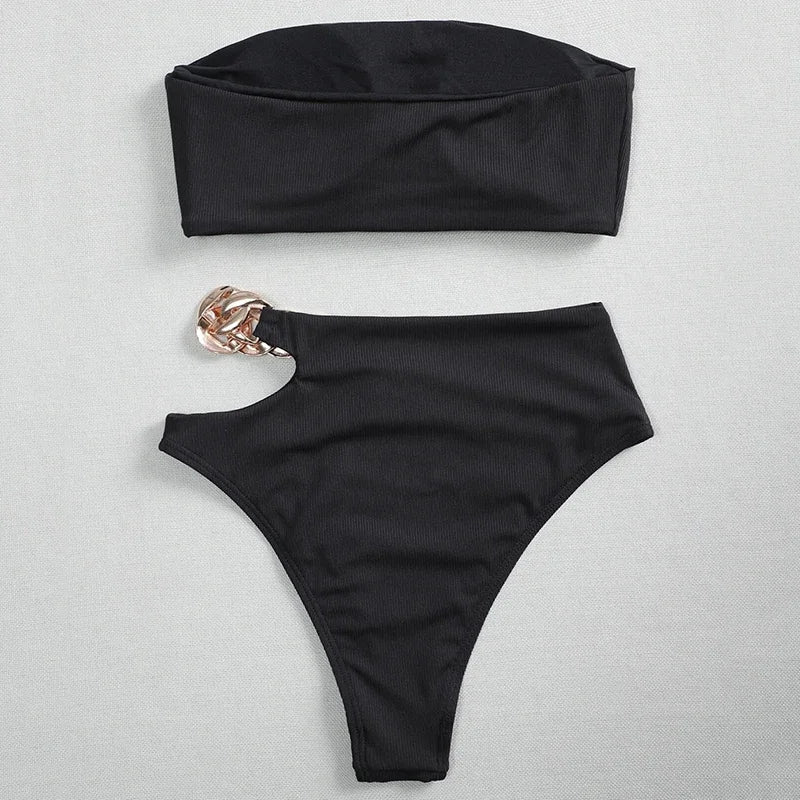 Metal Chain Ribbed Female Bandeau Swimsuit High Waist Bikini Women Swimwear Two-pieces Bikini set Asymmetric Bathing Suit Swim