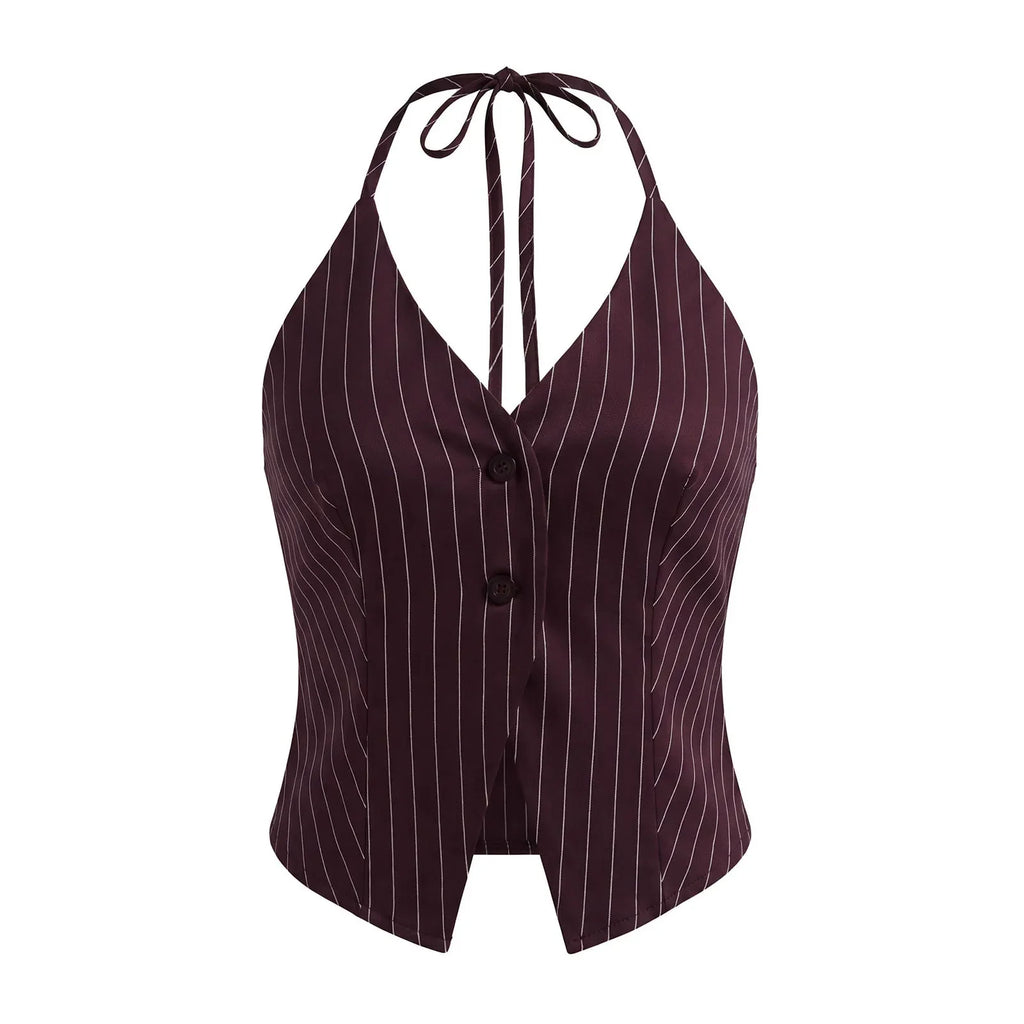 Women’s Striped Print Halter Tank Tops Summer Fashionable V Neck Backless Button Down Vest