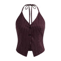 Women’s Striped Print Halter Tank Tops Summer Fashionable V Neck Backless Button Down Vest