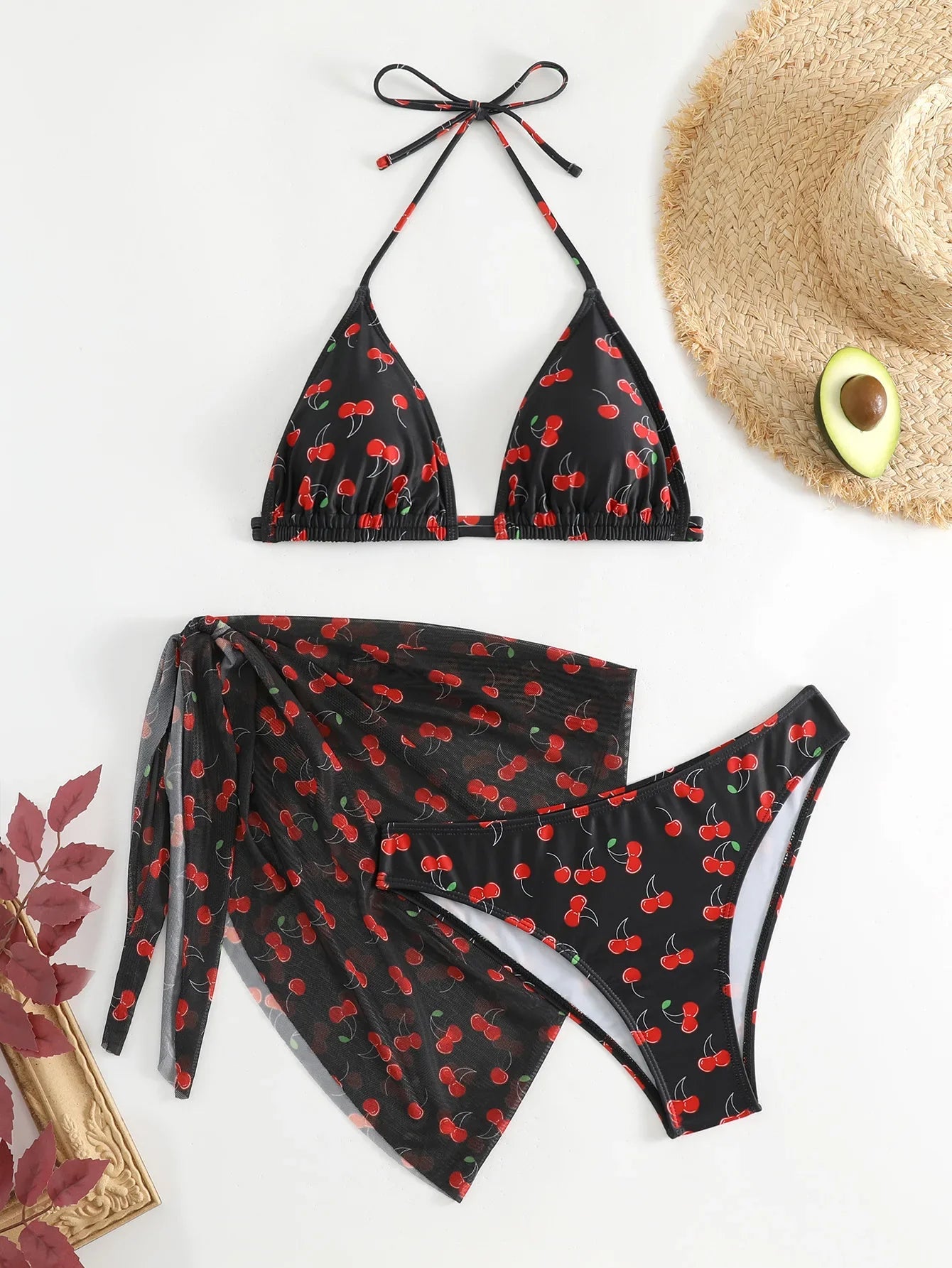 Women French Chic Cherry Print Bikini Sets Three Pieces with Mesh Skirt Swimsuit Swimwear Bathing Suit Beach Outfits Biquini