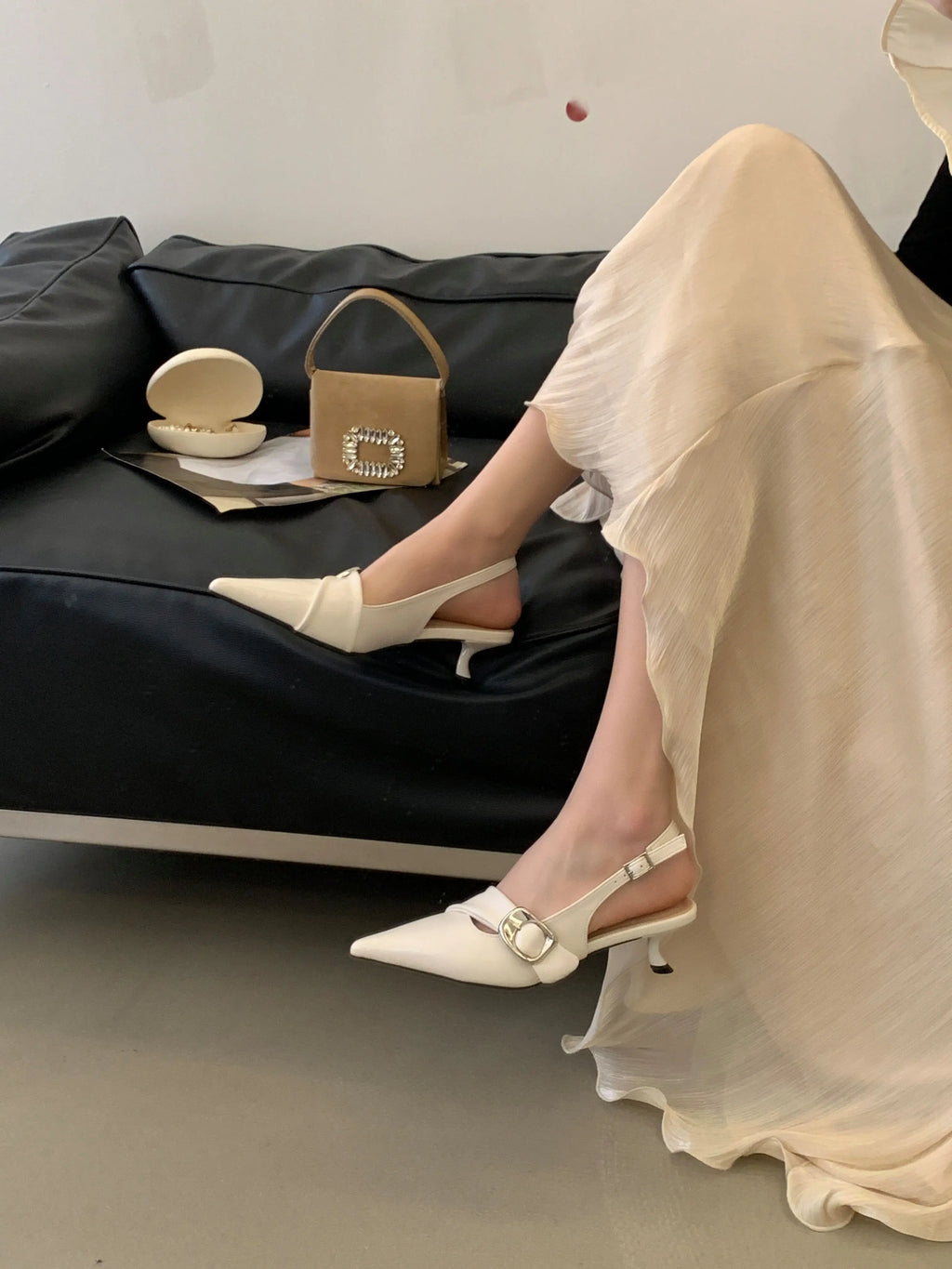 White Thin Heeled Sandals 2026 Women's Low-Heeled Shoes With Strap Brown Summer 2026 New Girls Fashion French OL Single Shoes