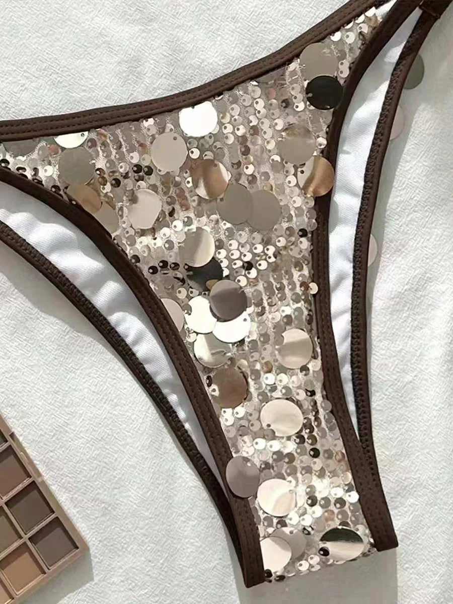 Glitter Sparkling Squins Halter Bikini Women Swimsuit Female Swimwear Two-pieces Bikini Set High Leg Cut Bathing Suit Swim Lady