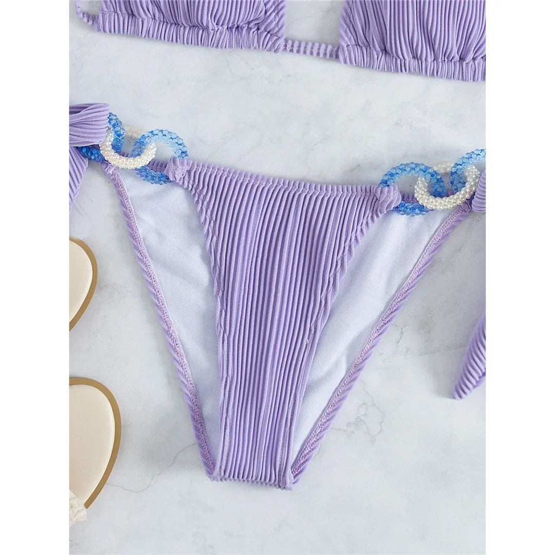 Purple Shiny Ring Ribbed Women Swimwear Bikini Female Swimsuit Two-Pieces Bikini Set Brazilian Bather Bathing Suit Swim V3385